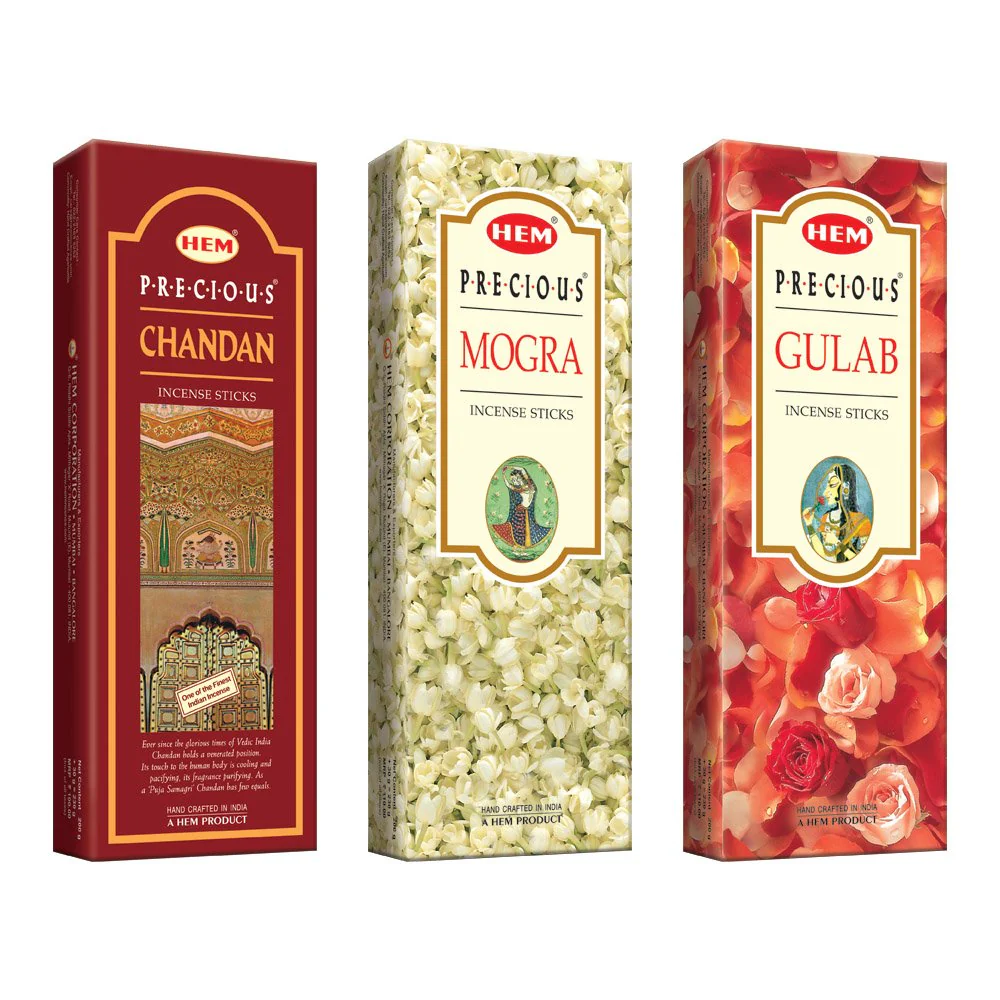 HEM Precious Incense Sticks Pack of 3 [Precious Chandan 210g + Precious Mogra 210g + precious Gulab 210g]