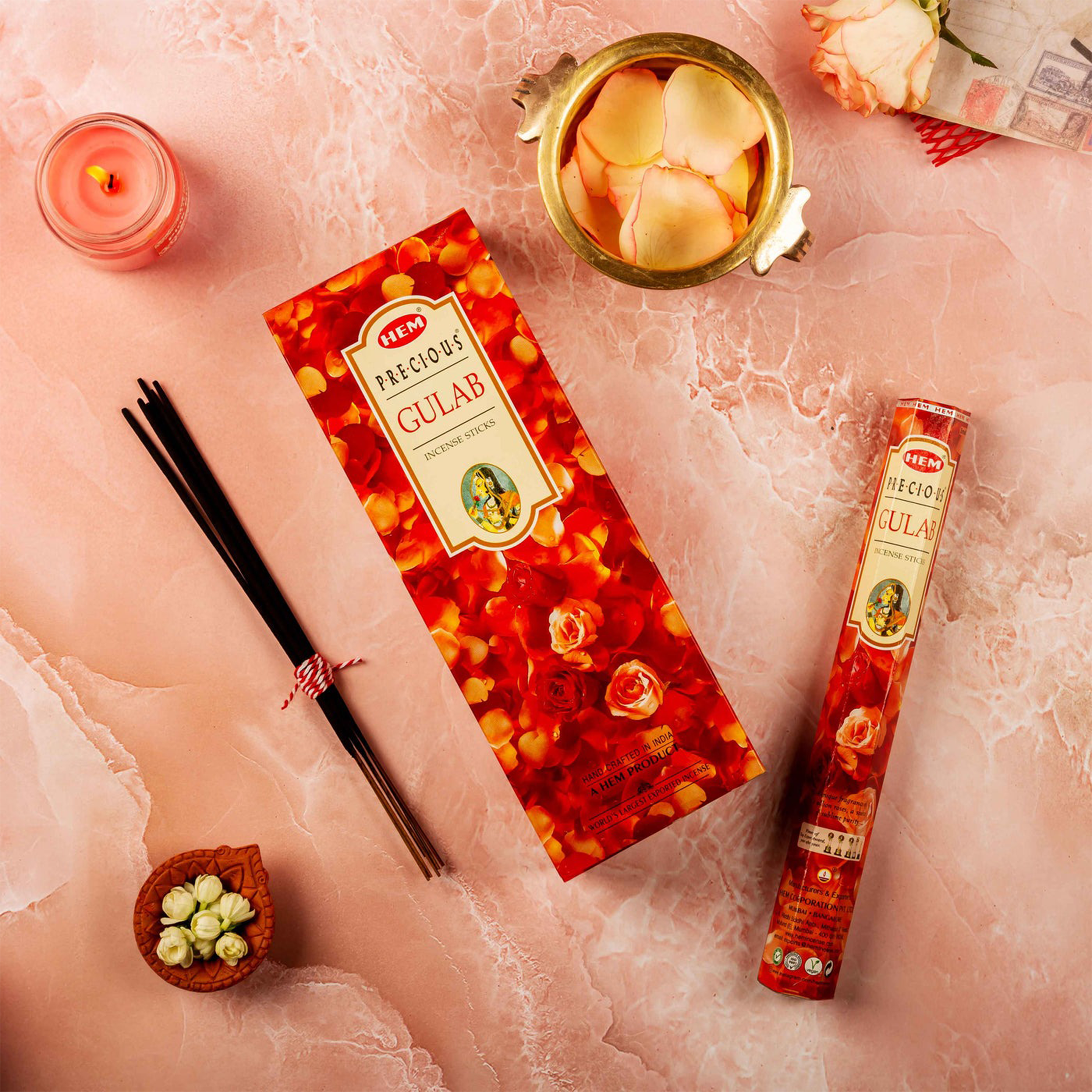 HEM Precious Gulab Incense Sticks - Pack of 6 (20 Sticks Each)