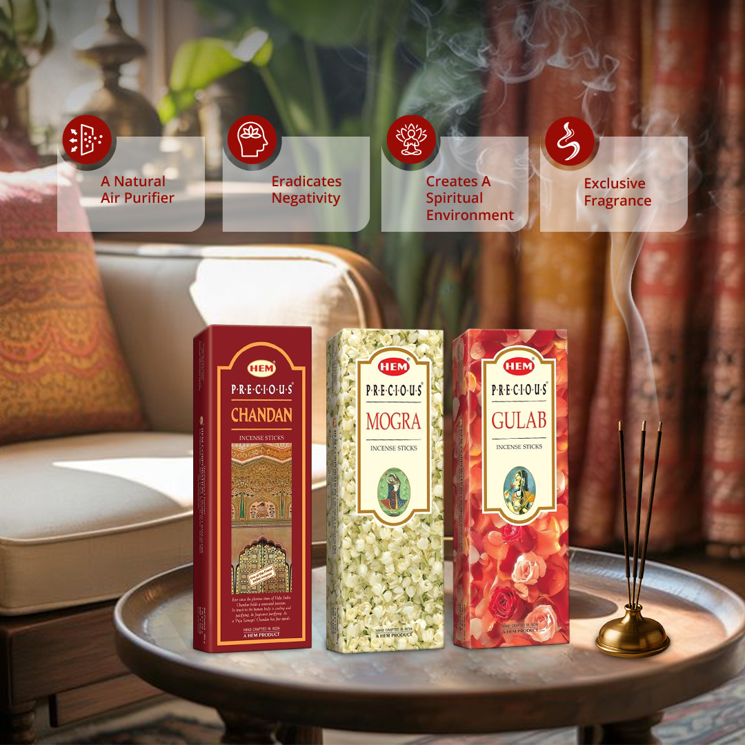 HEM Precious Incense Sticks Pack of 3 [Precious Chandan 210g + Precious Mogra 210g + precious Gulab 210g]