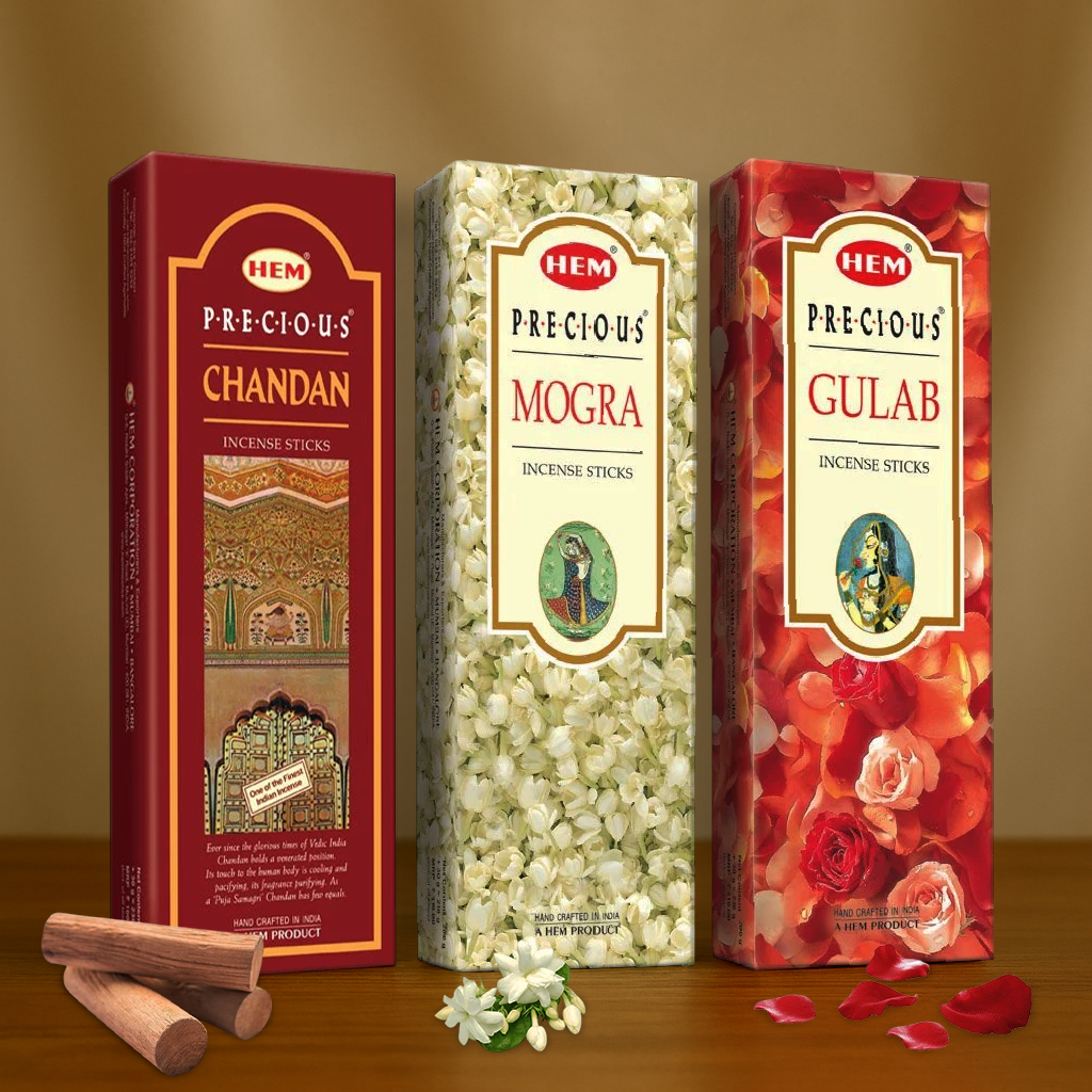 HEM Precious Incense Sticks Pack of 3 [Precious Chandan 210g + Precious Mogra 210g + precious Gulab 210g]