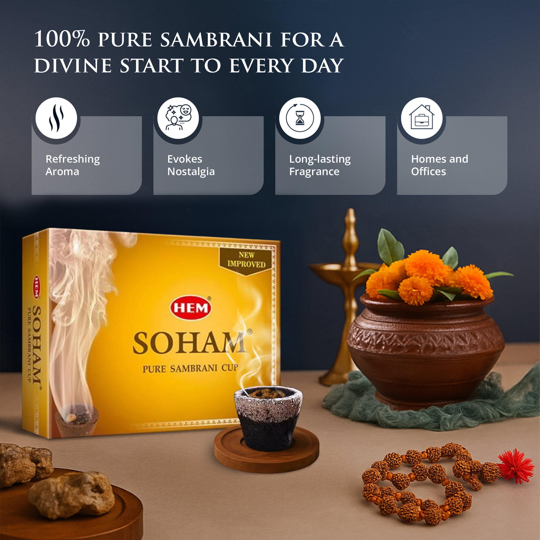 HEM Soham Pure Sambrani Dhoop Cup - Pack of 3 (12 cups per box)