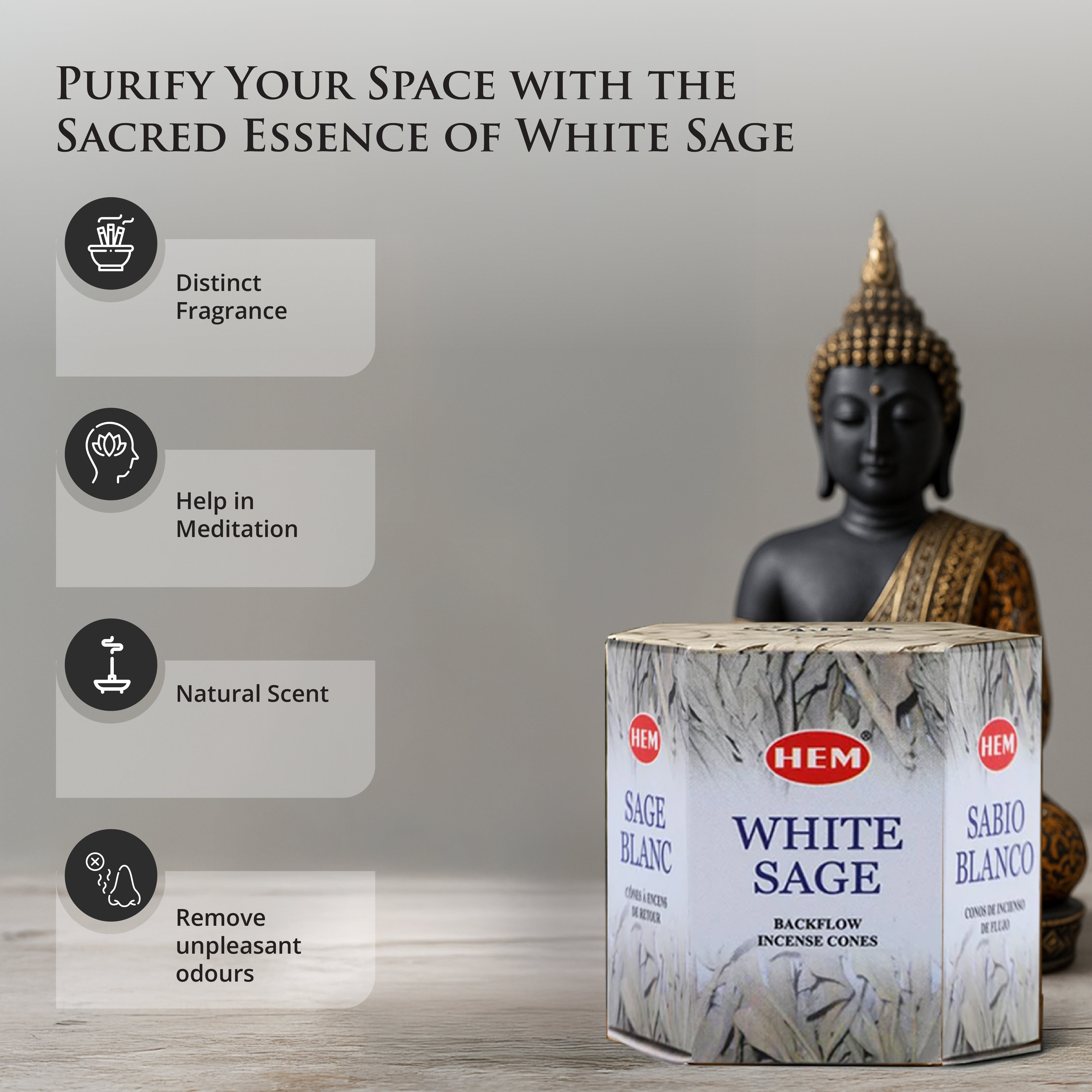 HEM White Sage Backflow Dhoop Cones Pack of 40 Cones