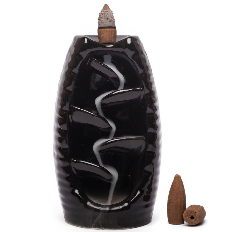 HEM Black fountain Ceramic Backflow Cone Burner + 1 Pack of Backflow Dhoop cone (10 Cones in a Pack)