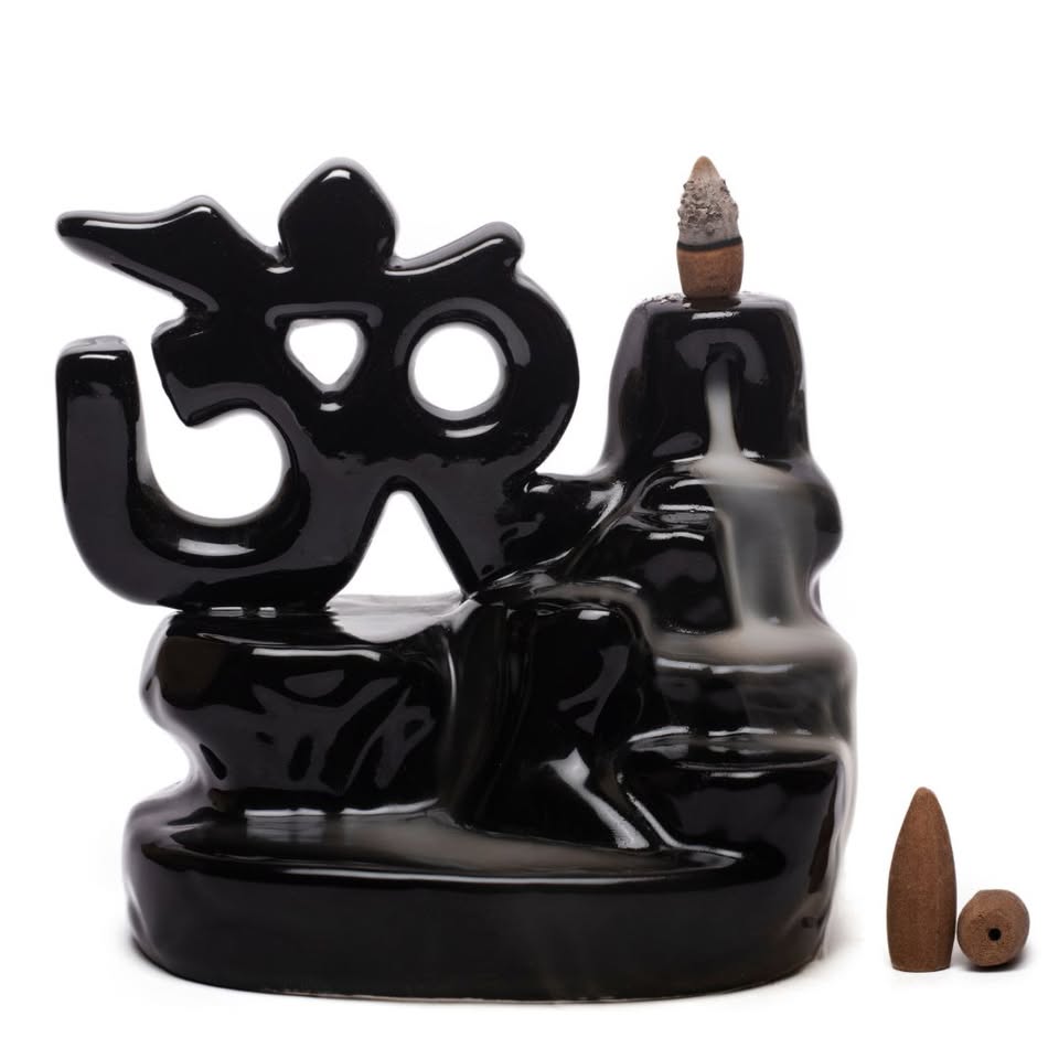 HEM Om Ceramic Backflow Cone Burner  + 1 Pack of Backflow Dhoop cone (10 Cones in a Pack)