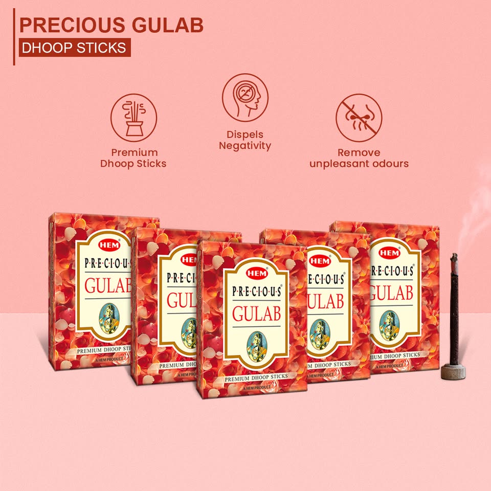 HEM Precious Gulab Dhoop Sticks - Pack of 5 (60g Each)