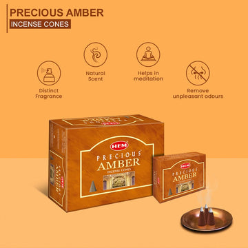 HEM Precious Amber Dhoop Cones - Pack of 12 (10 Cones Each)