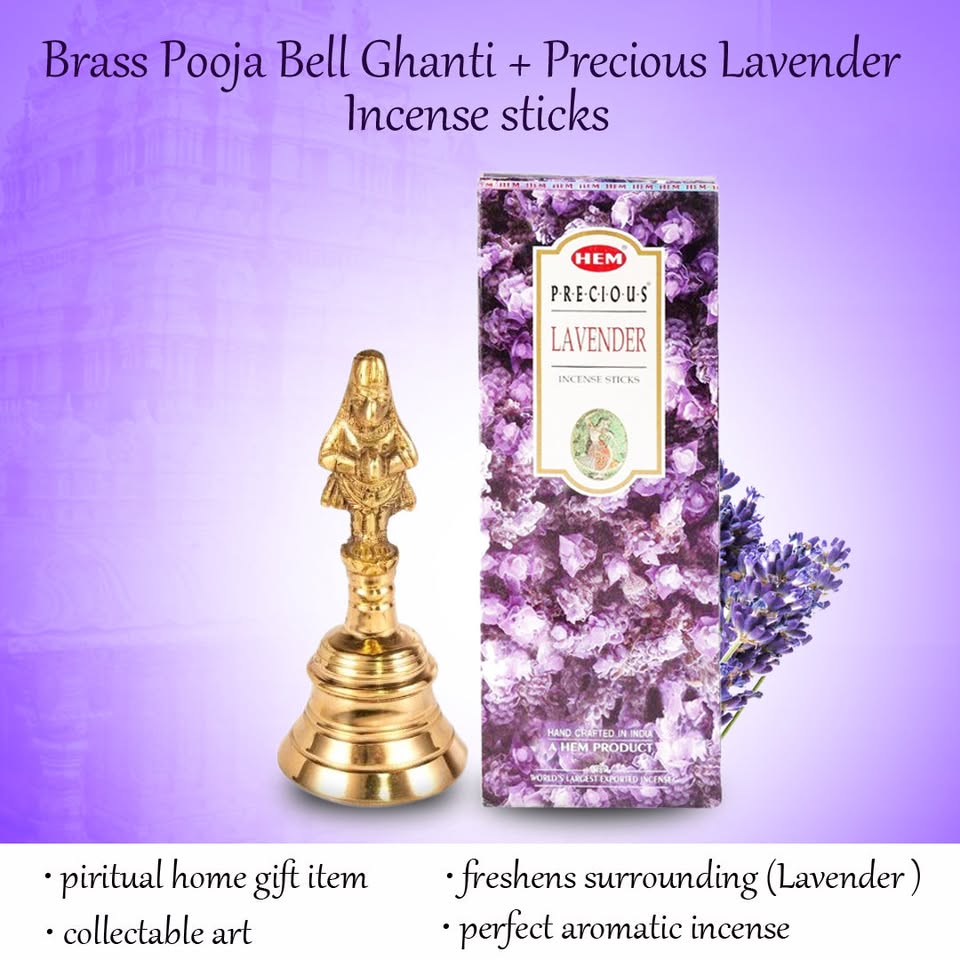 Hem Brass Pooja Bell Ghanti + Precious Lavender Incense sticks