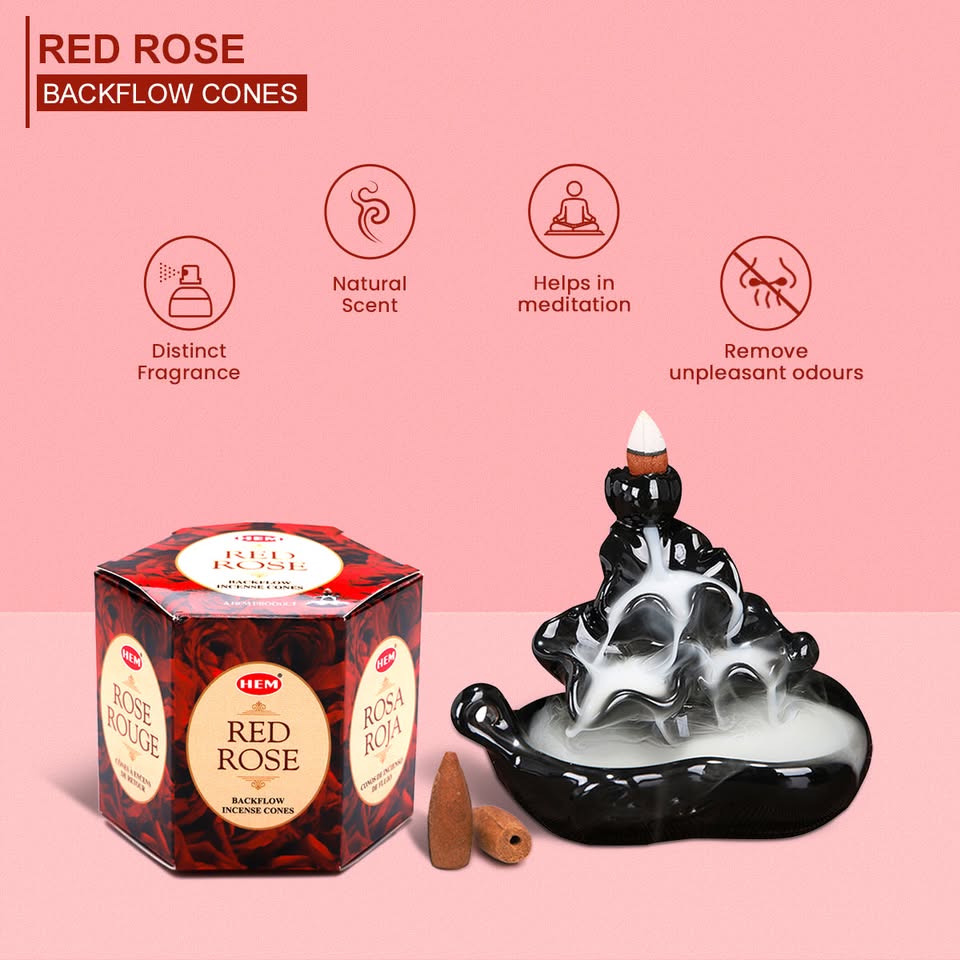 HEM Red Rose Backflow Dhoop Cones Pack of 40 Cones