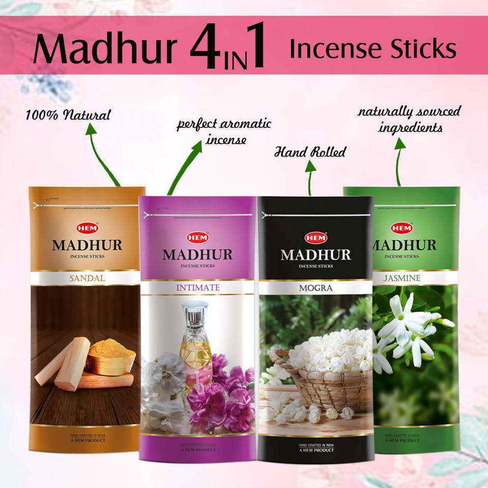 HEM Madhur 4 in 1 Incense Sticks Pack of 4 (135g Each)