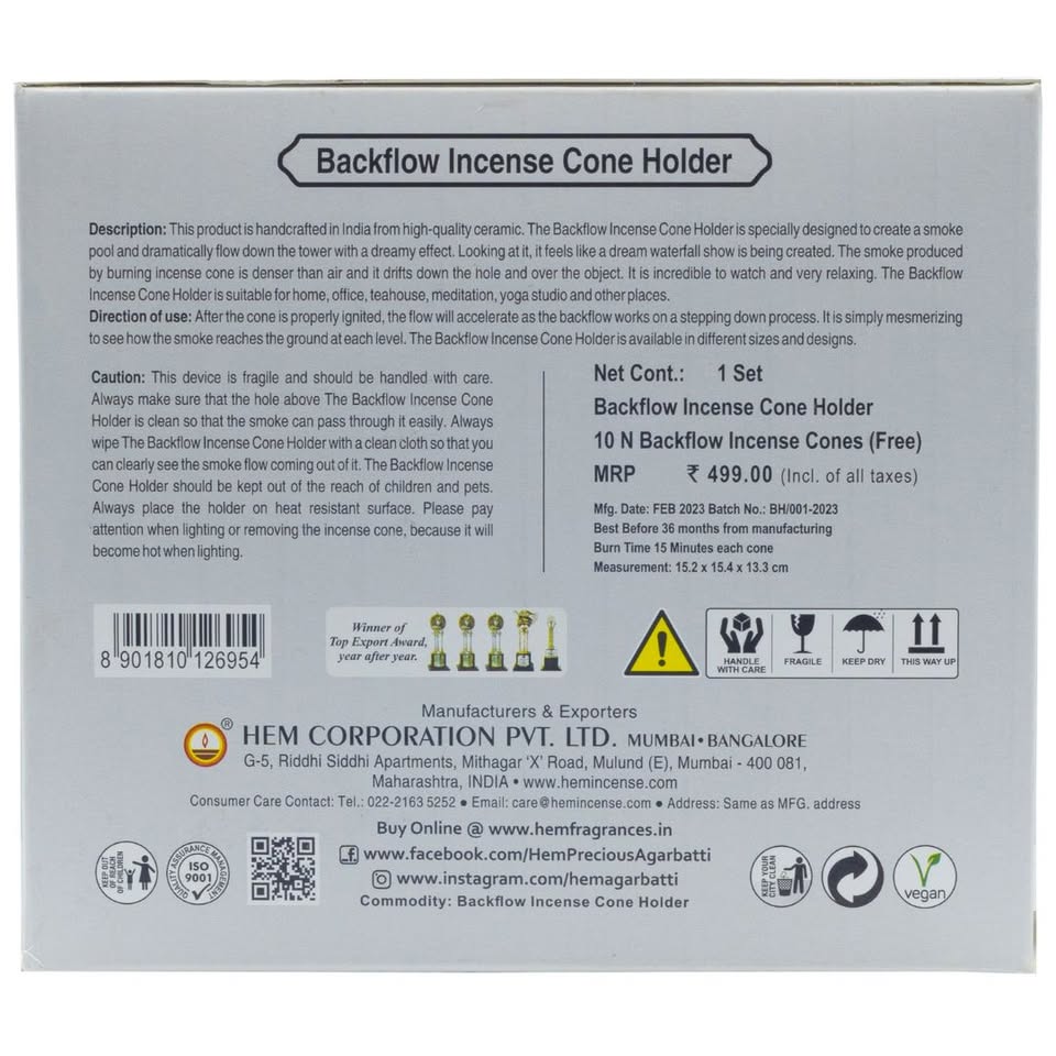 HEM Black fountain Ceramic Backflow Cone Burner + 1 Pack of Backflow Dhoop cone (10 Cones in a Pack)