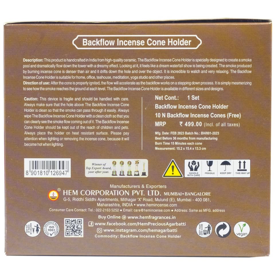 HEM Pot Ceramic Backflow Cone Burner + 1 Pack of Backflow Dhoop cone (10 Cones in a Pack)