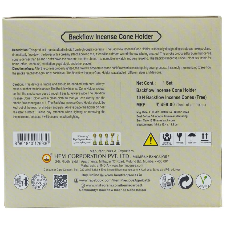 HEM Om Ceramic Backflow Cone Burner  + 1 Pack of Backflow Dhoop cone (10 Cones in a Pack)