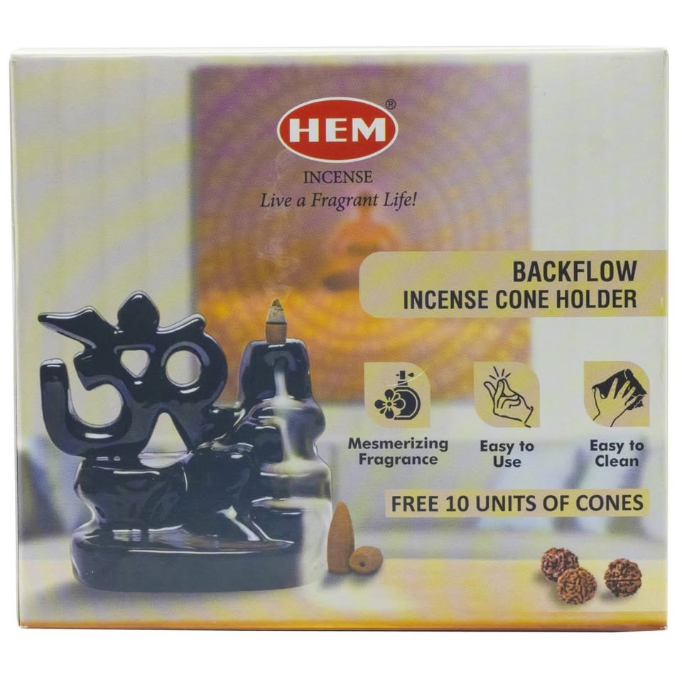HEM Om Ceramic Backflow Cone Burner  + 1 Pack of Backflow Dhoop cone (10 Cones in a Pack)