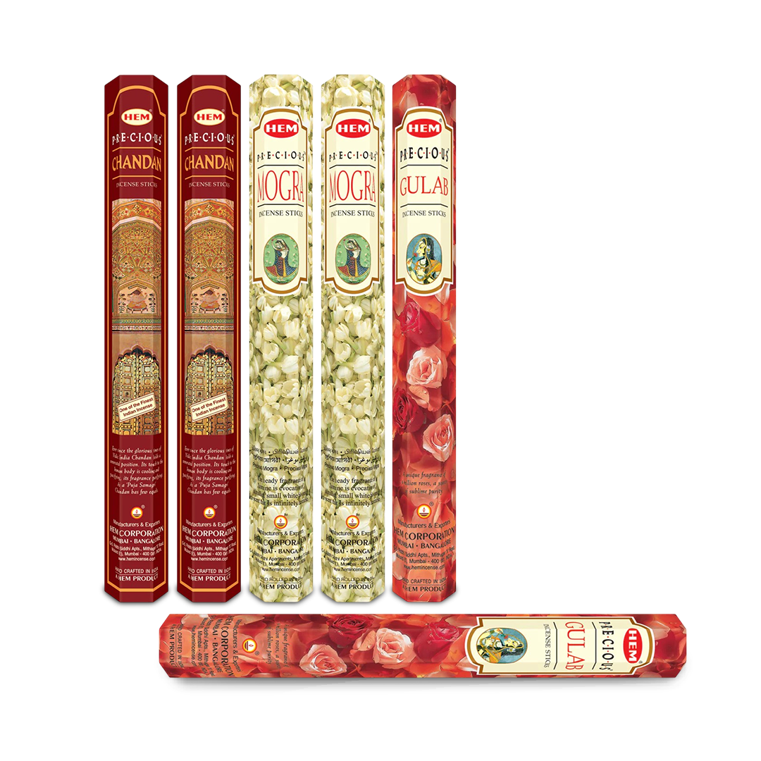 HEM Precious Incense Sticks 3 in 1 Combo pack of 6 (20 Sticks Each)