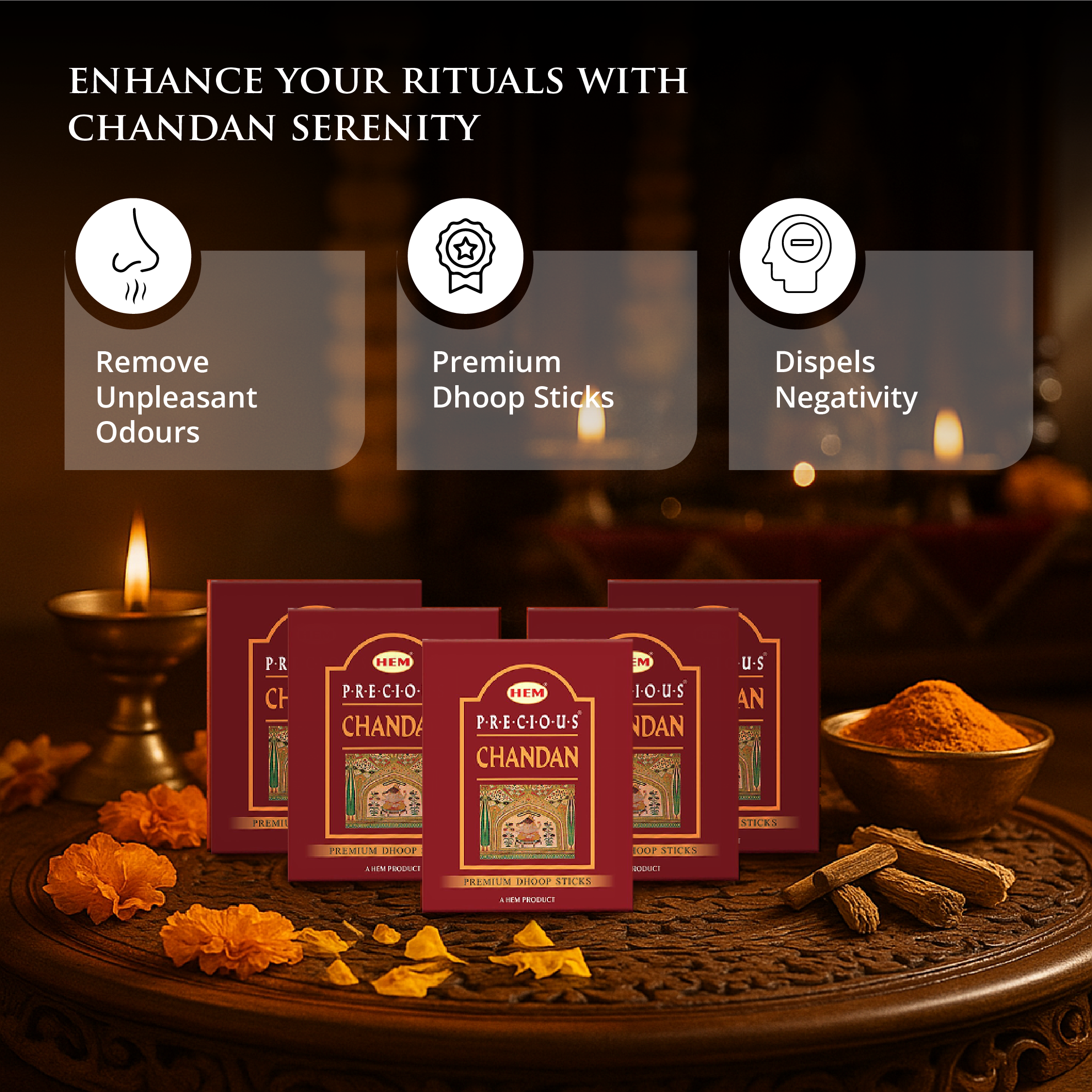 HEM Precious Chandan Dhoop Sticks - Pack of 5 (60g Each)