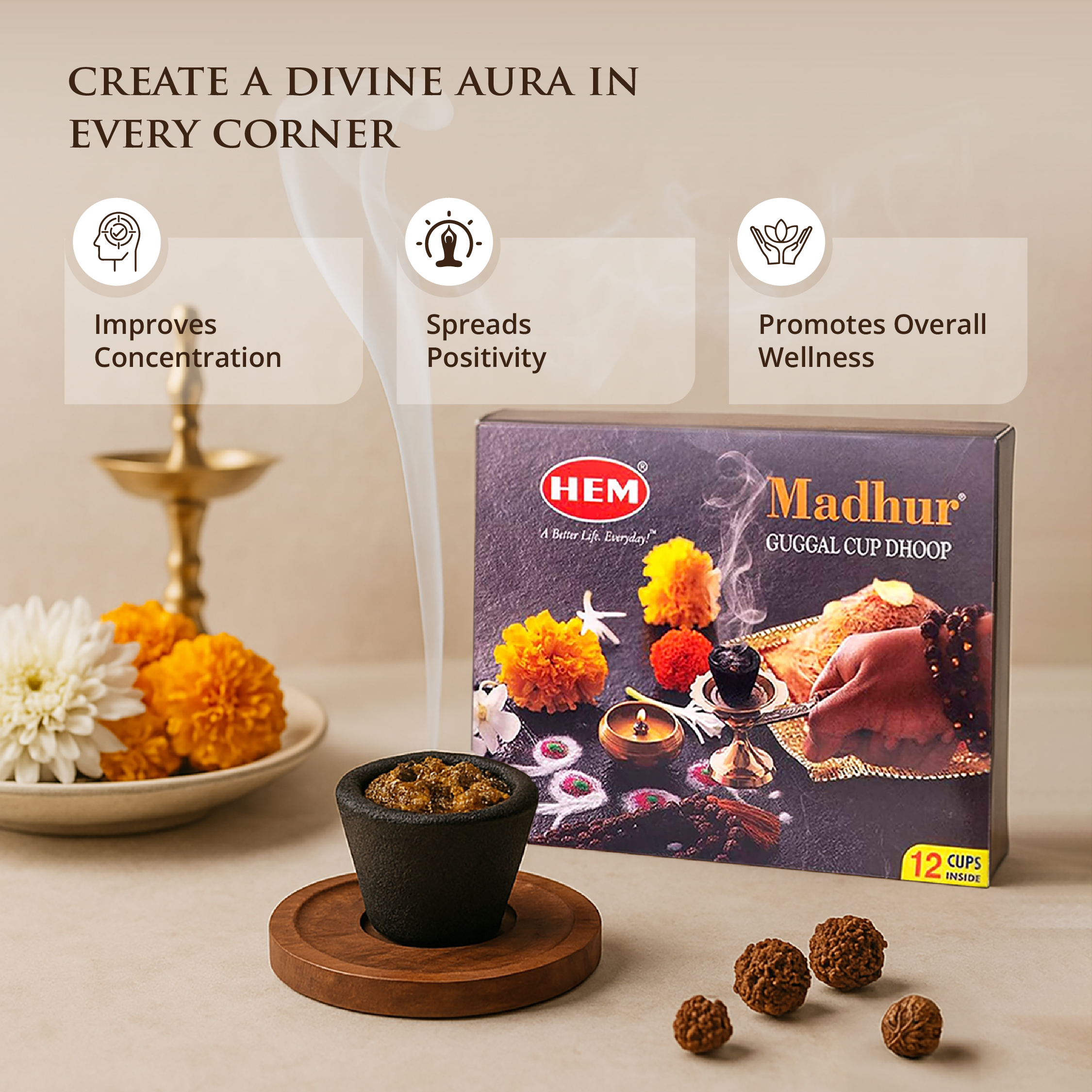 HEM Madhur Guggal cup Dhoop pack of 3 (12 cups per box)