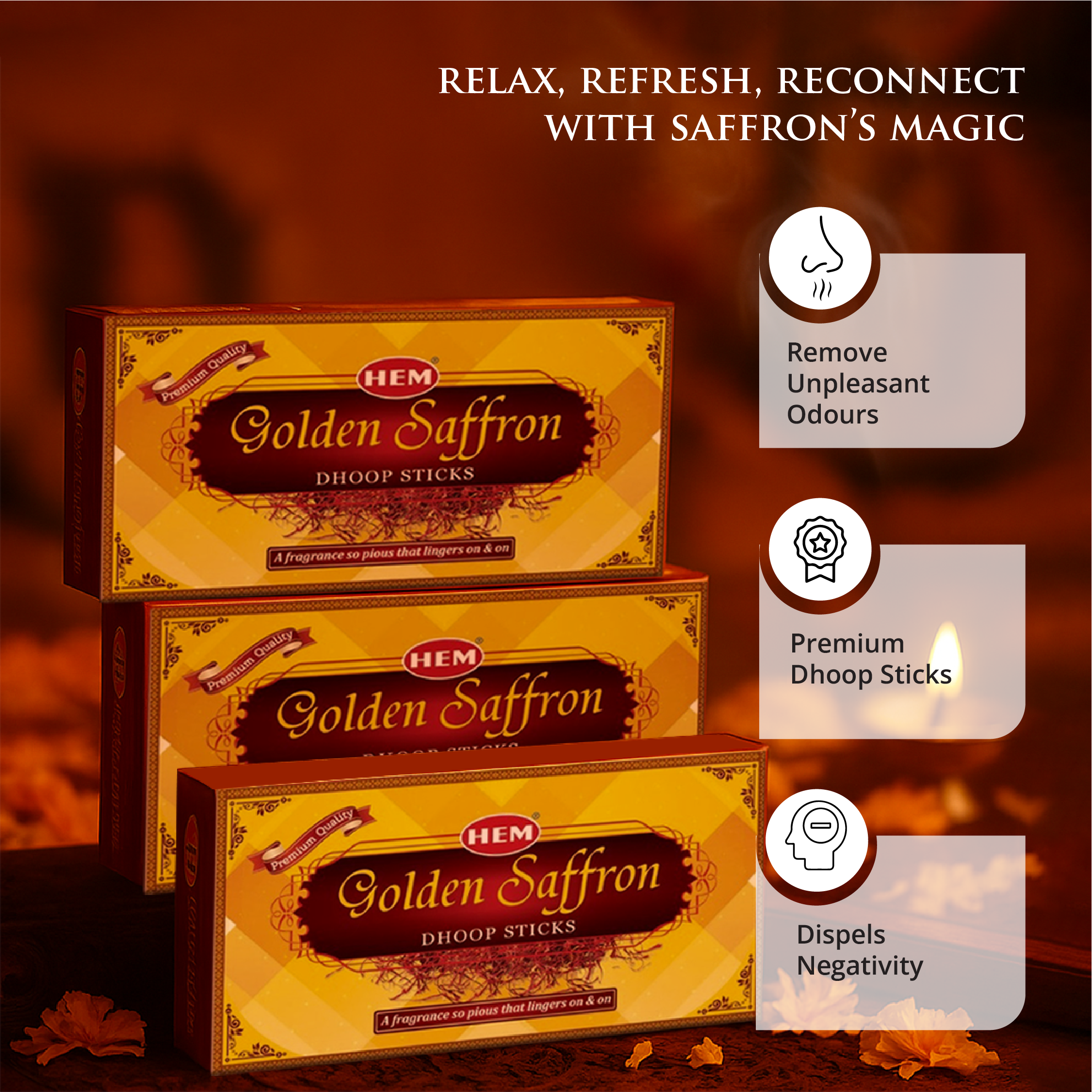 Golden Saffron Dhoop Stick 50g each- pack of 3