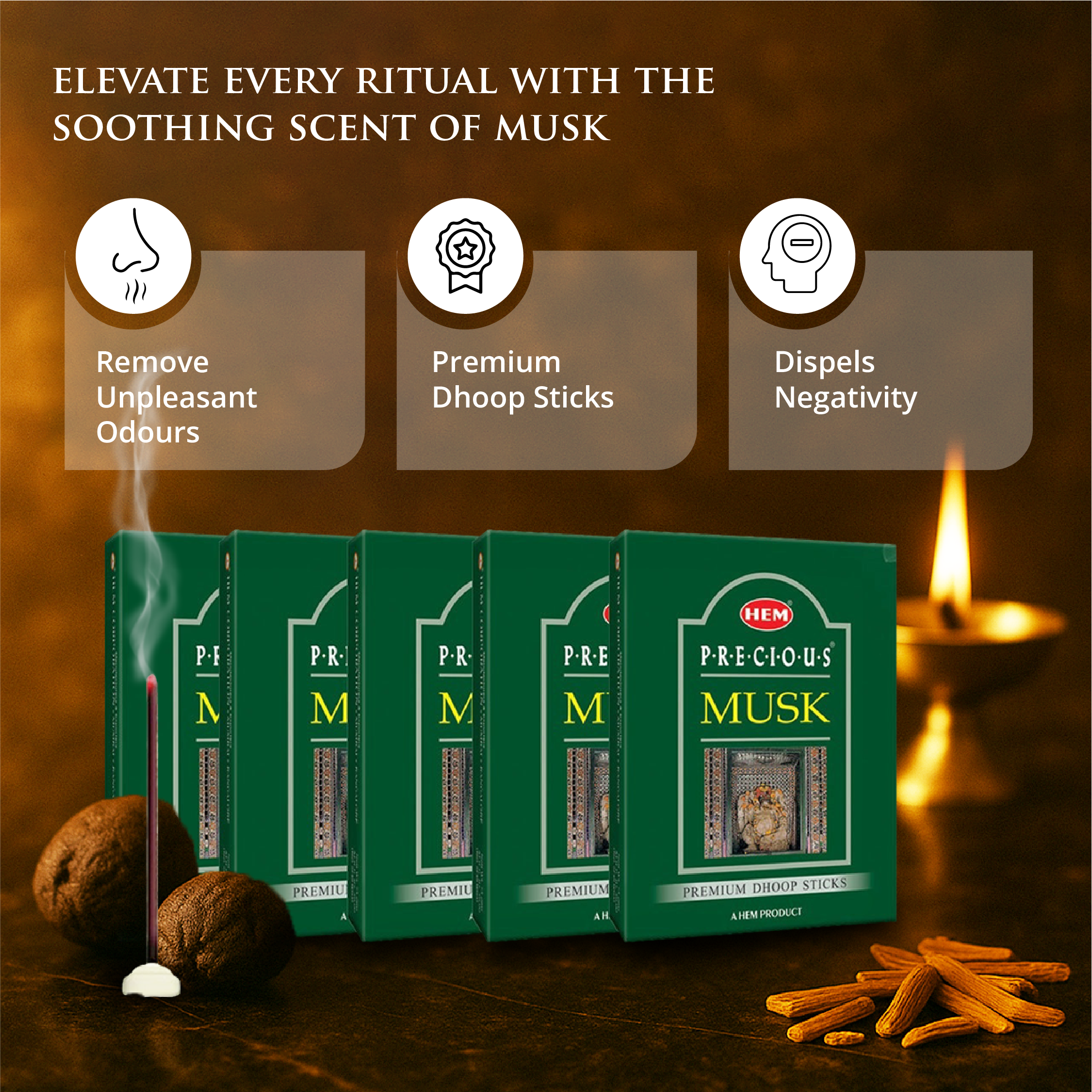 HEM Precious Musk Dhoop Sticks - Pack of 5 (60g Each)