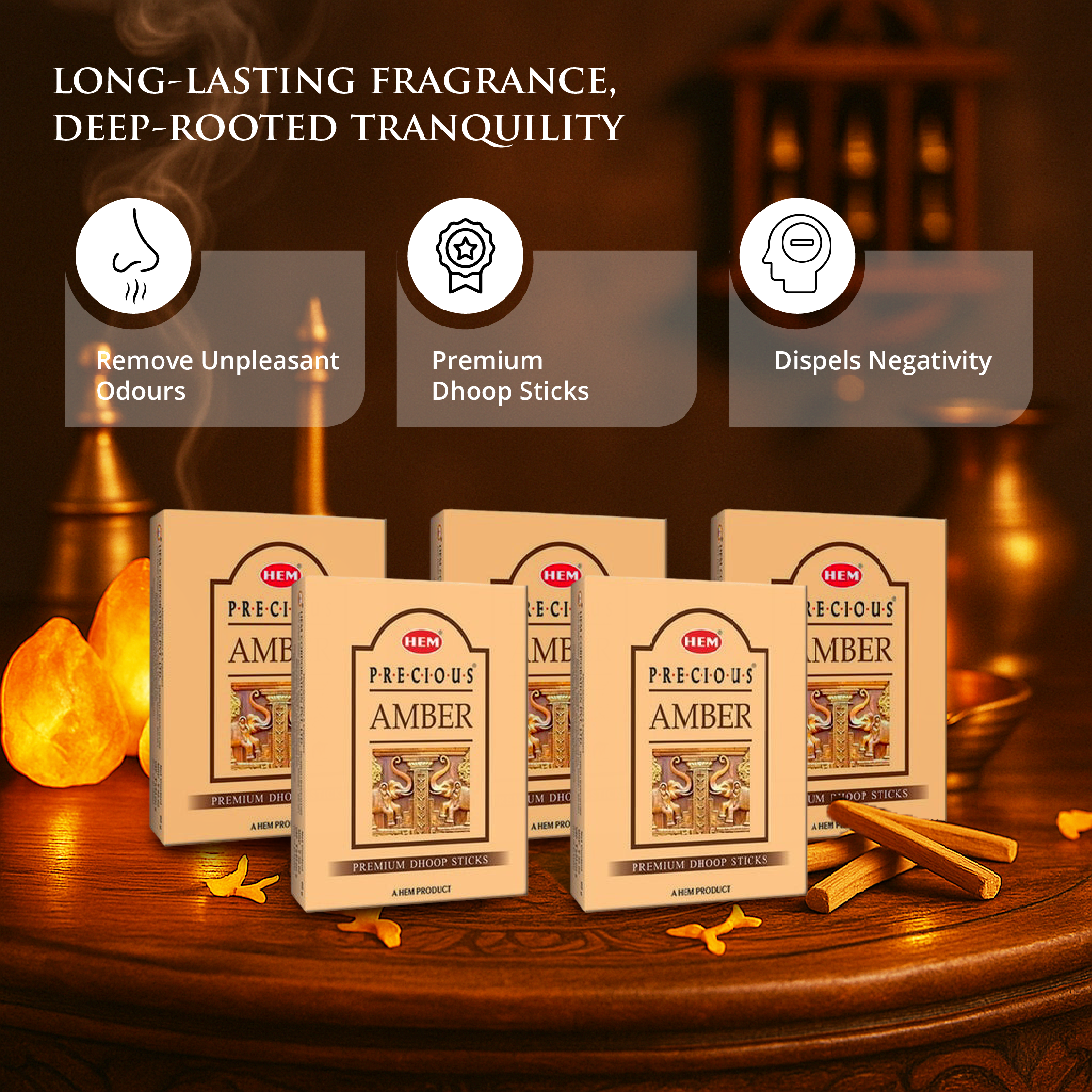 HEM Precious Amber Dhoop Sticks - Pack of 5 (60g Each)