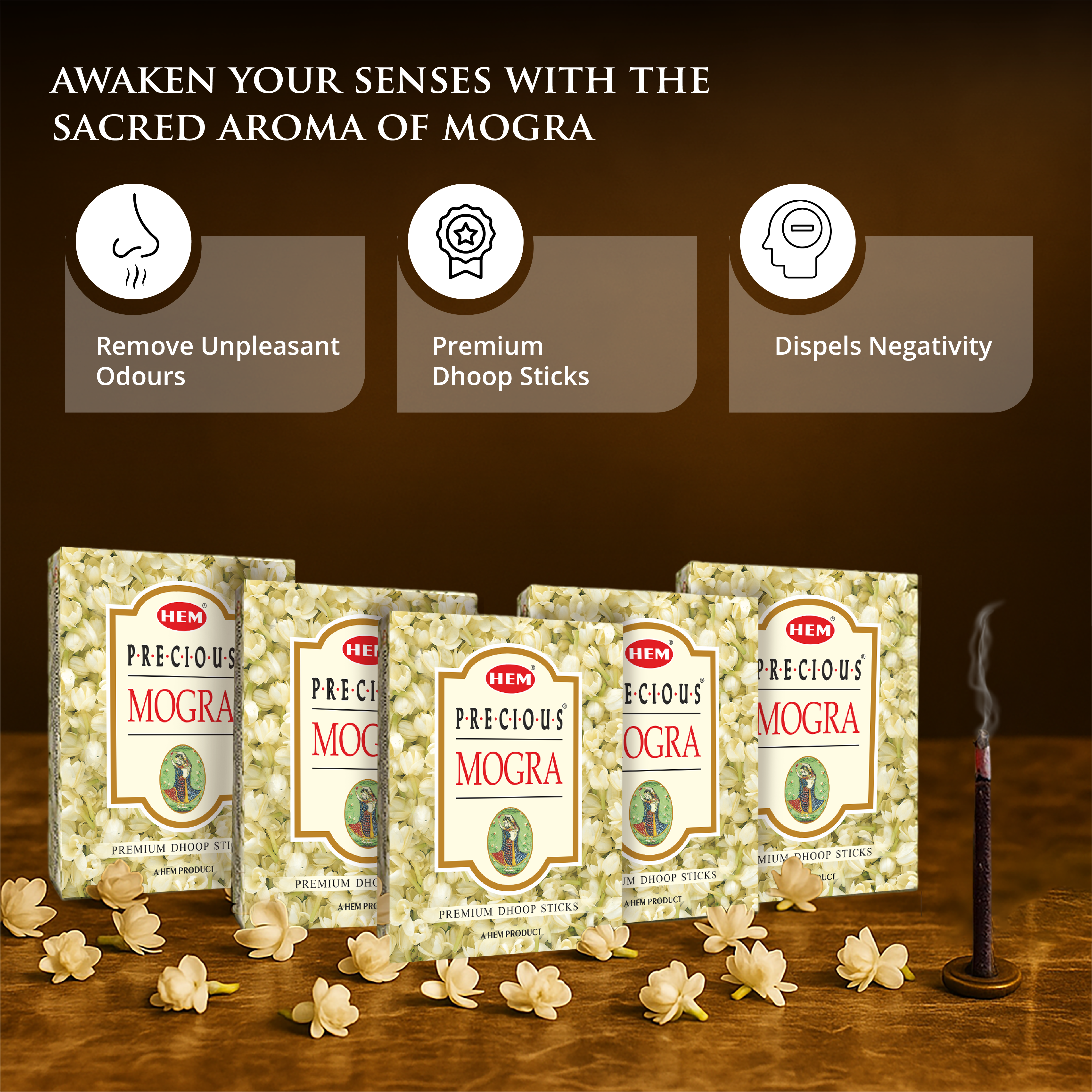 HEM Precious Mogra Dhoop Sticks - Pack of 5 (60g Each)