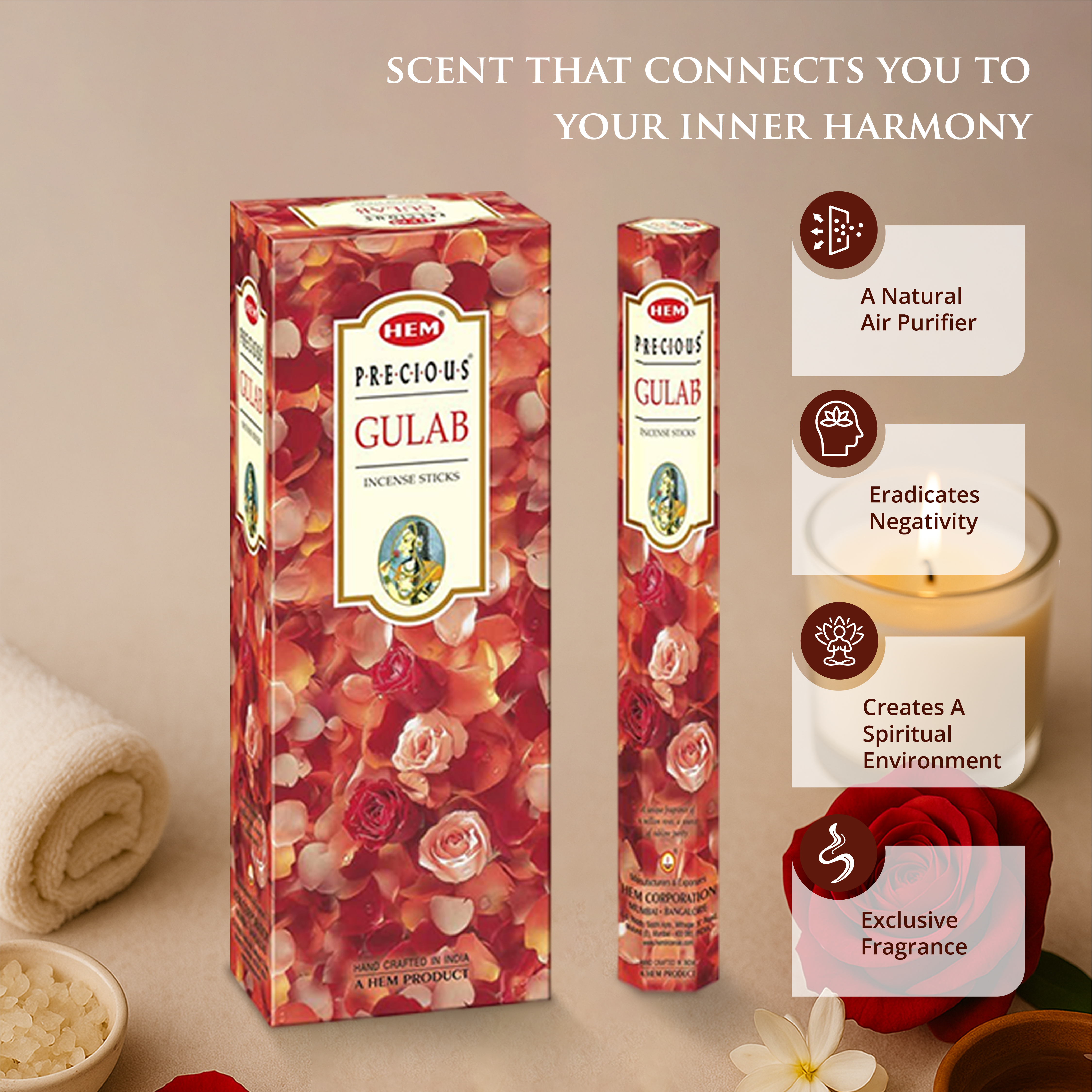 HEM Precious Gulab Incense Sticks - Pack of 6 (20 Sticks Each)