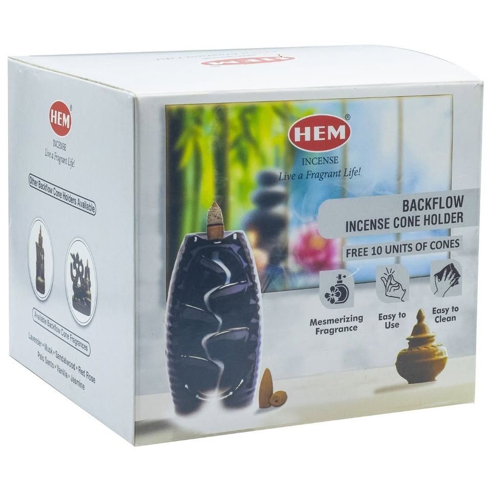 HEM Black fountain Ceramic Backflow Cone Burner + 1 Pack of Backflow Dhoop cone (10 Cones in a Pack)