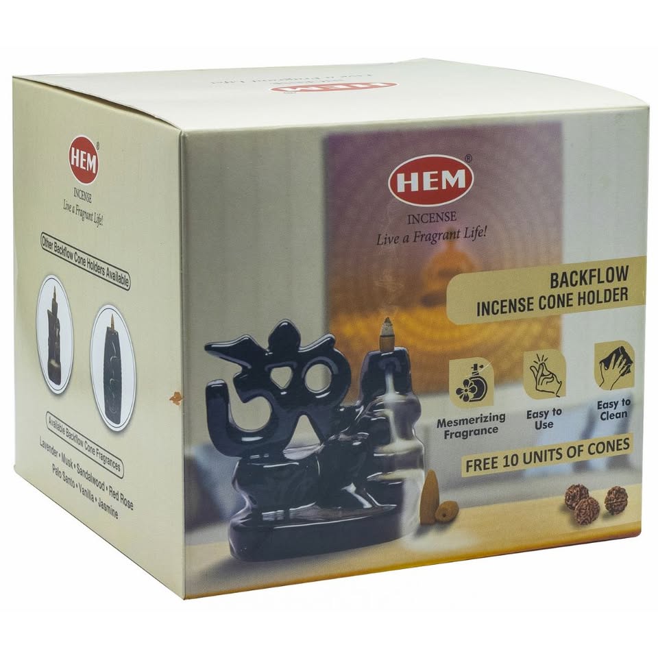 HEM Om Ceramic Backflow Cone Burner  + 1 Pack of Backflow Dhoop cone (10 Cones in a Pack)