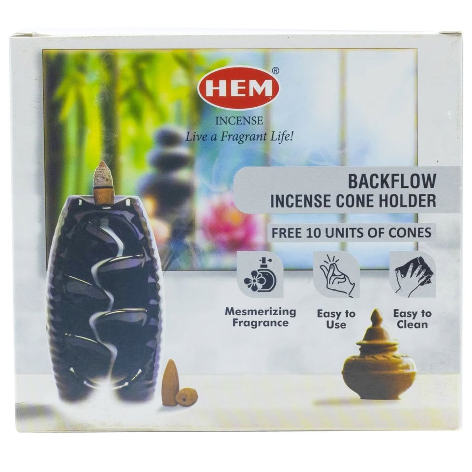 HEM Black fountain Ceramic Backflow Cone Burner + 1 Pack of Backflow Dhoop cone (10 Cones in a Pack)