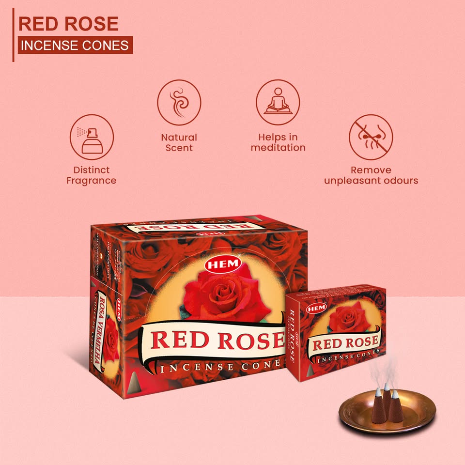 HEM Red Rose Dhoop Cones - Pack of 12 (10 Cones Each)