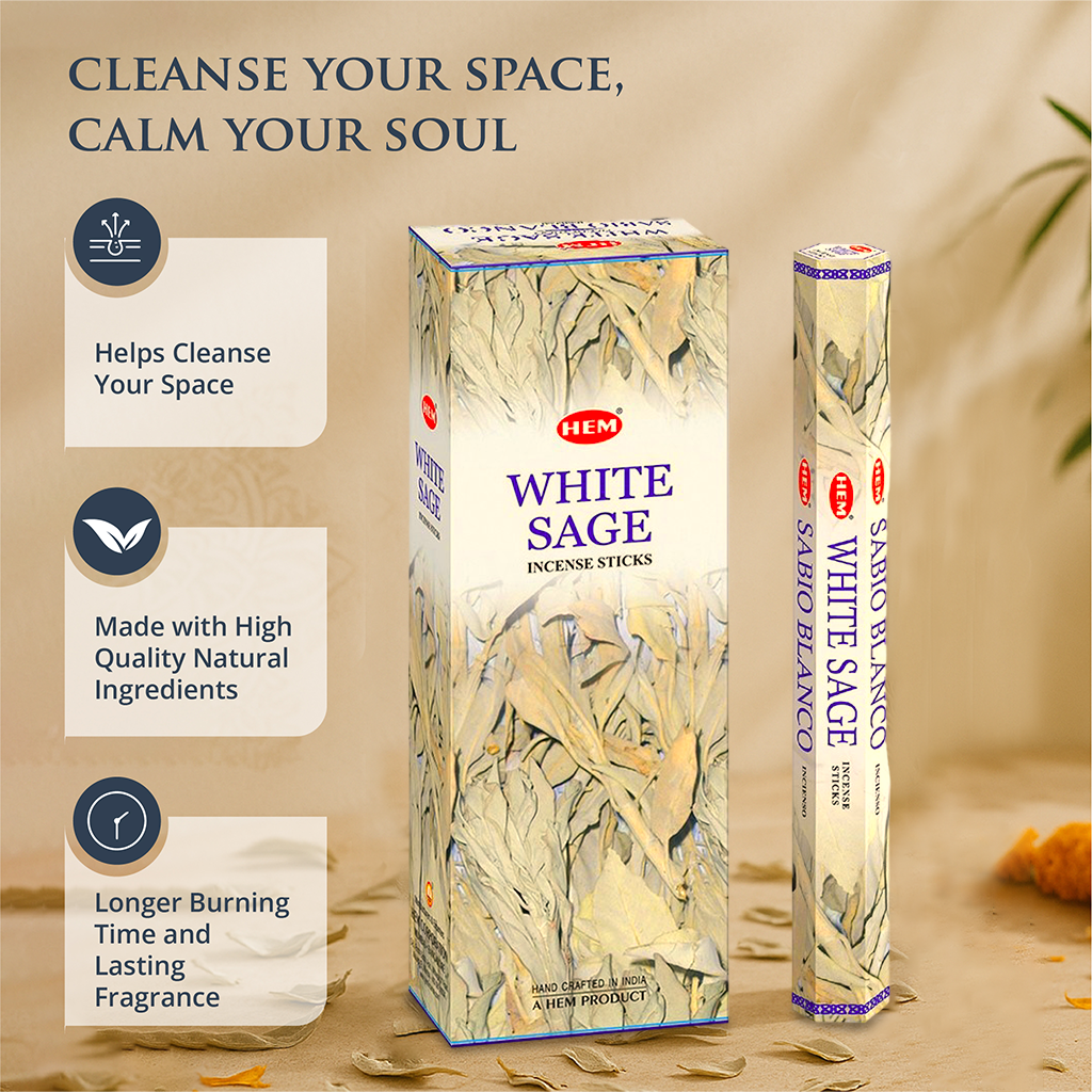 HEM White Sage Incense Sticks - Pack of 6 (20 Sticks Each)