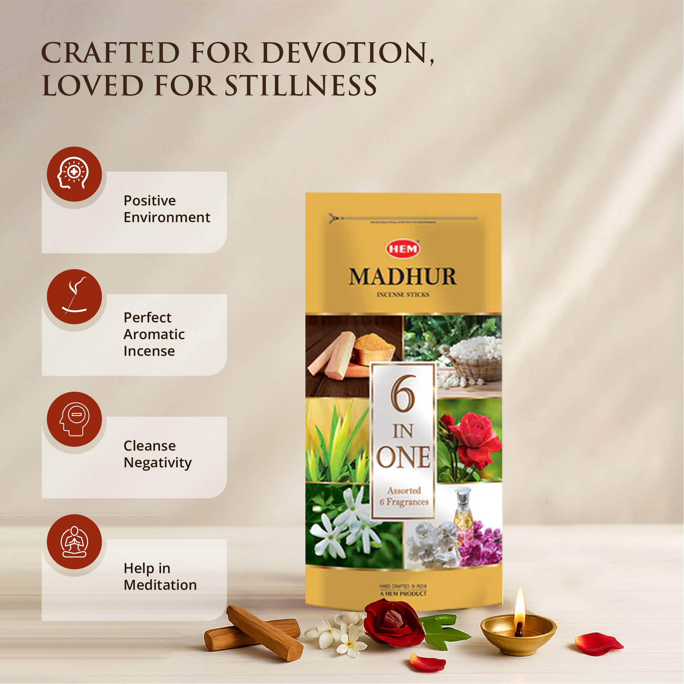 HEM Madhur 6 in 1 Incense Sticks Pack of 2 (240g Each)