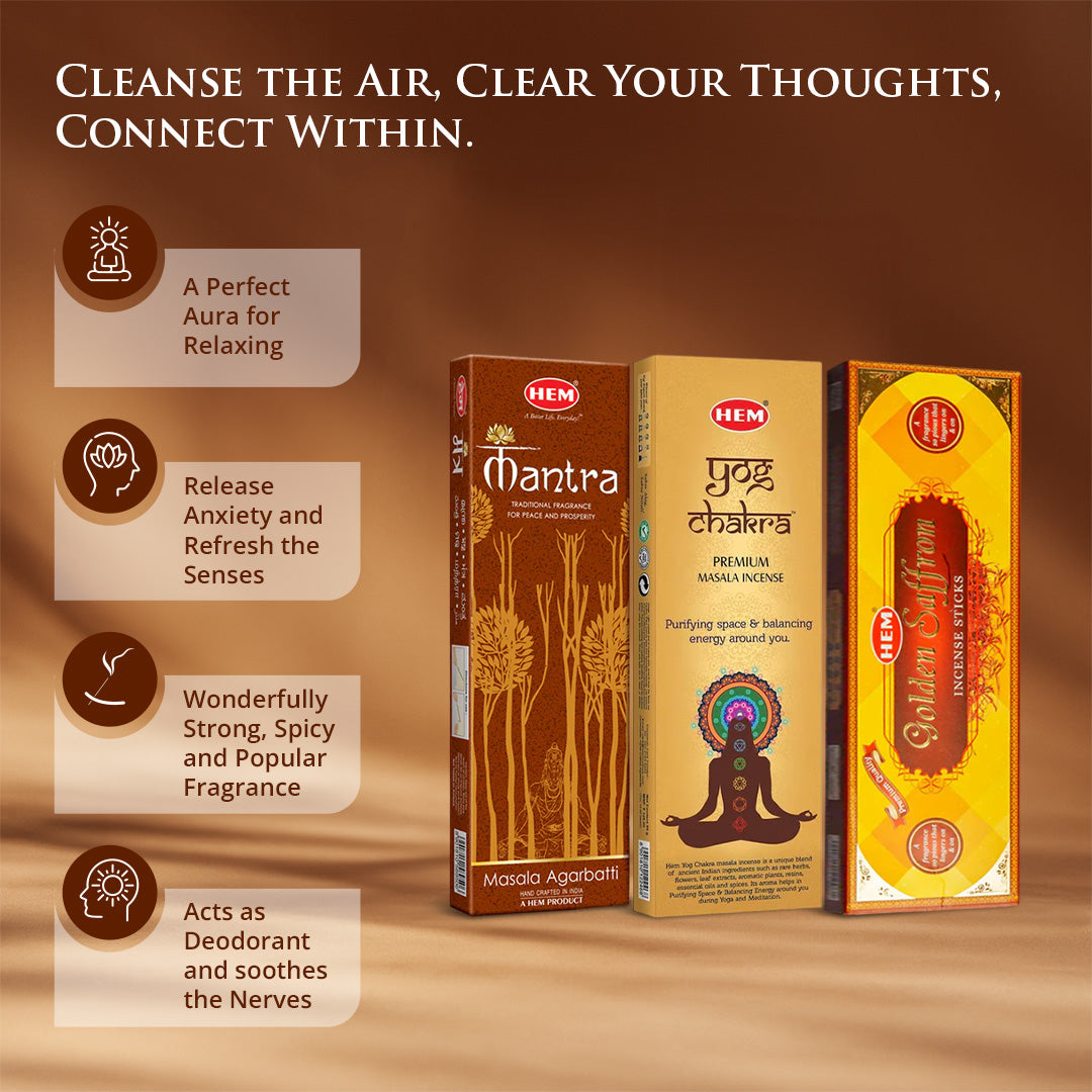 HEM Premium Masala series pack of 3 [Mantra Masala 50gm + Yog chakra 50gm + Golden saffron 50gm]