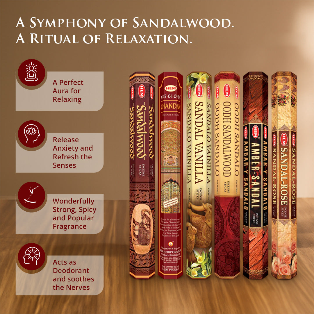 HEM Sandal Incense Sticks Combo Pack of 6 (20 Sticks Each)