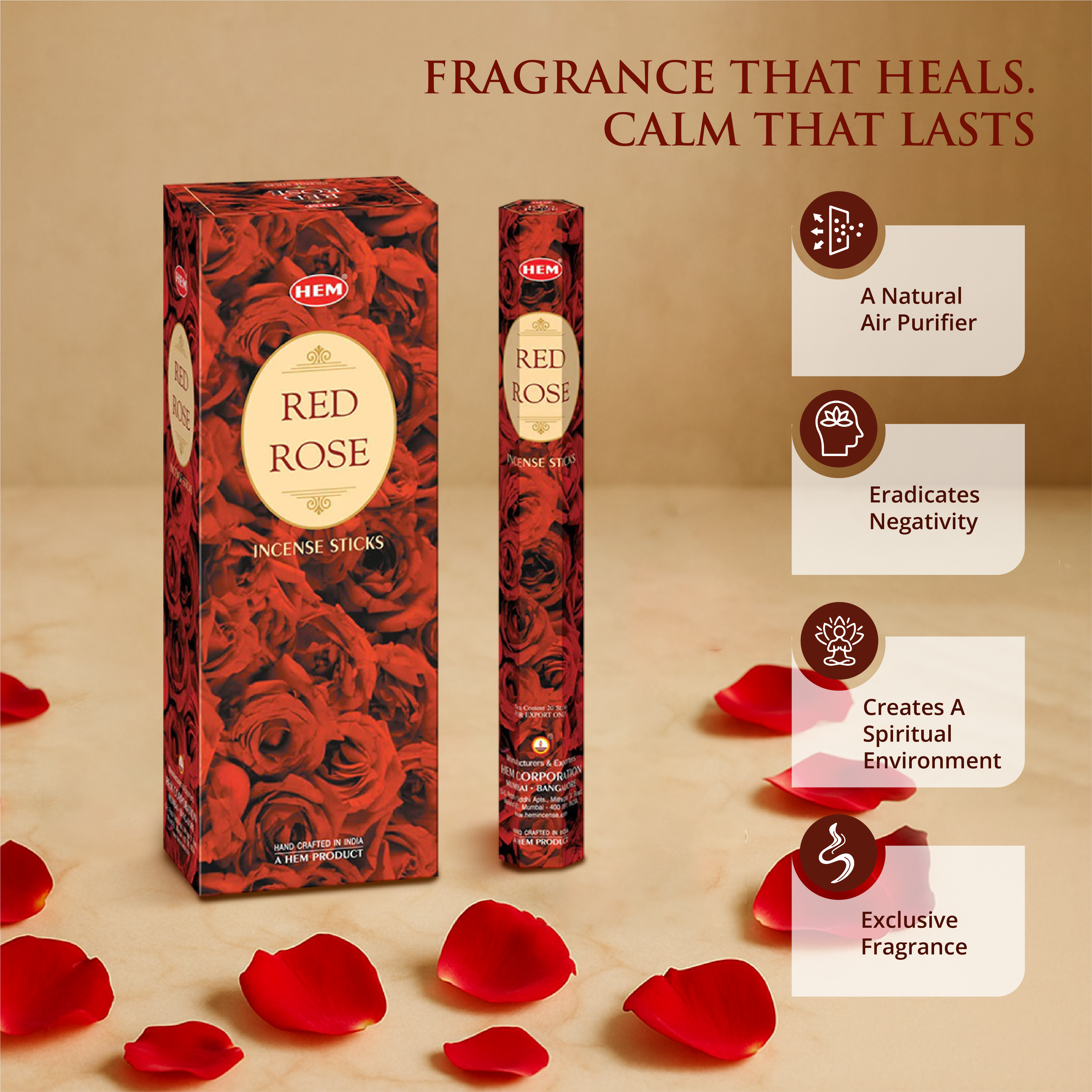 HEM Red Rose Incense Sticks - Pack of 6 (20 Sticks Each)