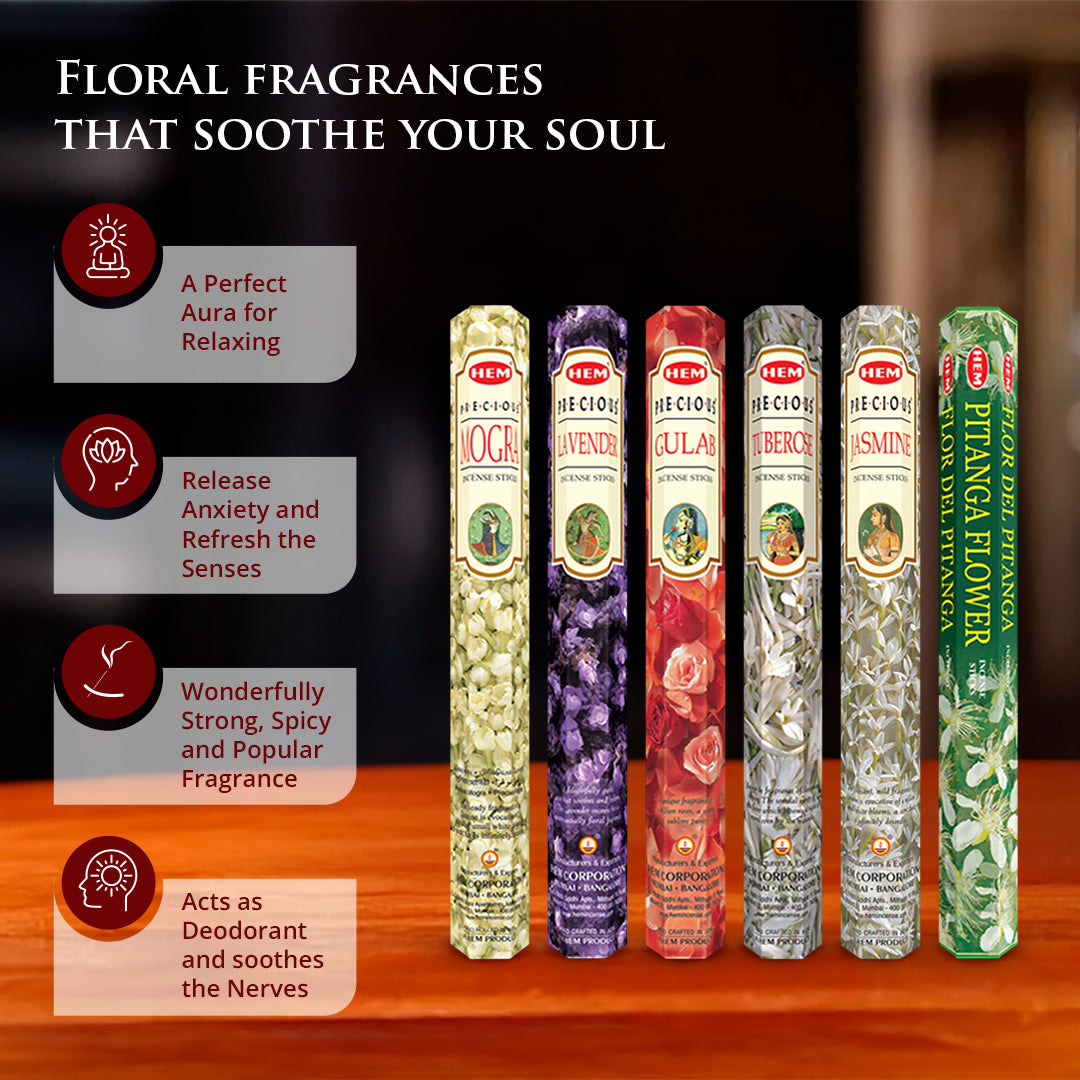 HEM Floral Collection Incense Stick combo pack of 6 (20 Sticks Each)