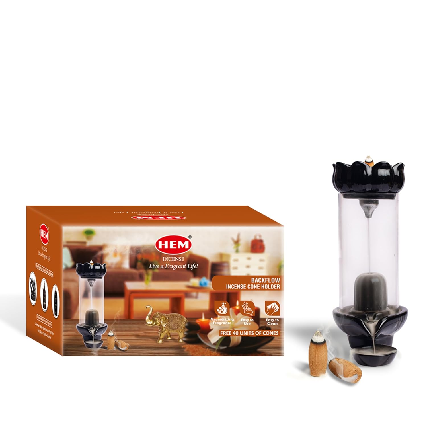 HEM Pind Fall Ceramic Backflow Cone Burner  + 1 Pack of Backflow Dhoop cone (10 Cones in a Pack)