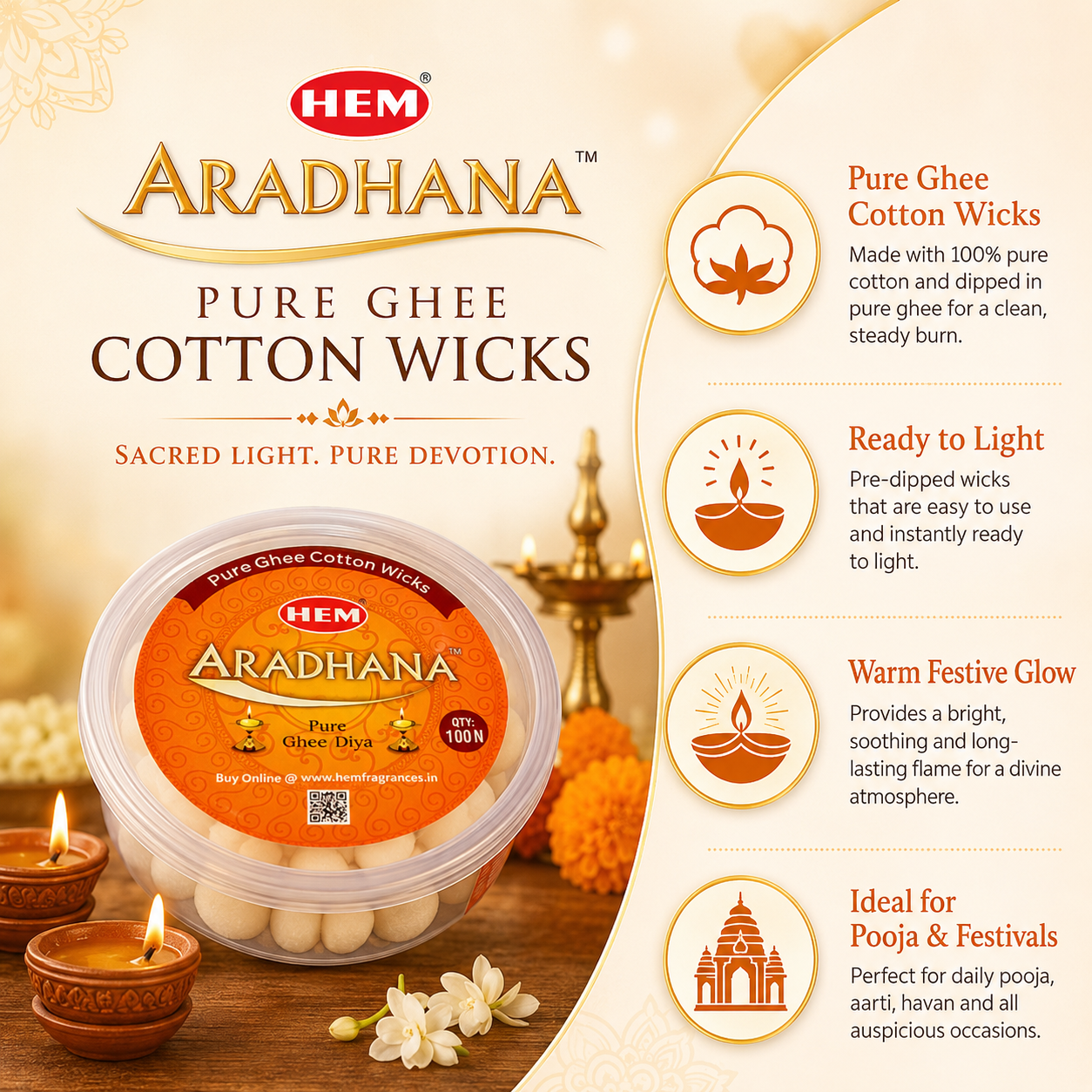 HEM Aradhana Pure Ghee Diya (100 pieces per box)