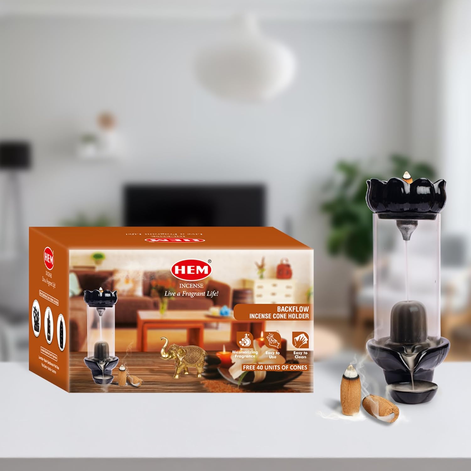 HEM Pind Fall Ceramic Backflow Cone Burner  + 1 Pack of Backflow Dhoop cone (10 Cones in a Pack)