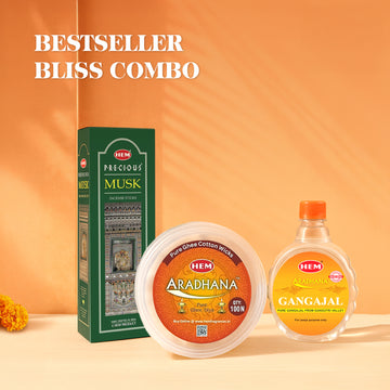 Bestseller Bliss (HEM Aradhana Gangajal + HEM Precious Musk Incense Sticks + HEM Aradhana Pure Ghee Diya 100 pieces)