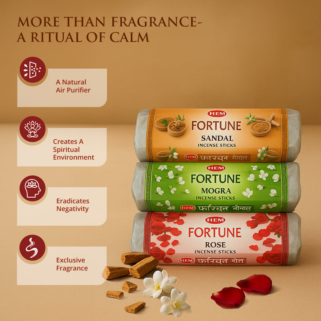 HEM Fortune Sandal + Mogra + Rose Incense Sticks - Pack of 3 (250g Each)