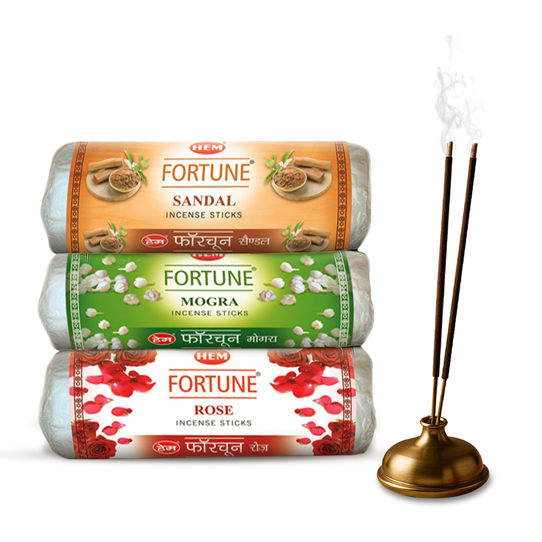 HEM Fortune Sandal + Mogra + Rose Incense Sticks - Pack of 3 (250g Each)