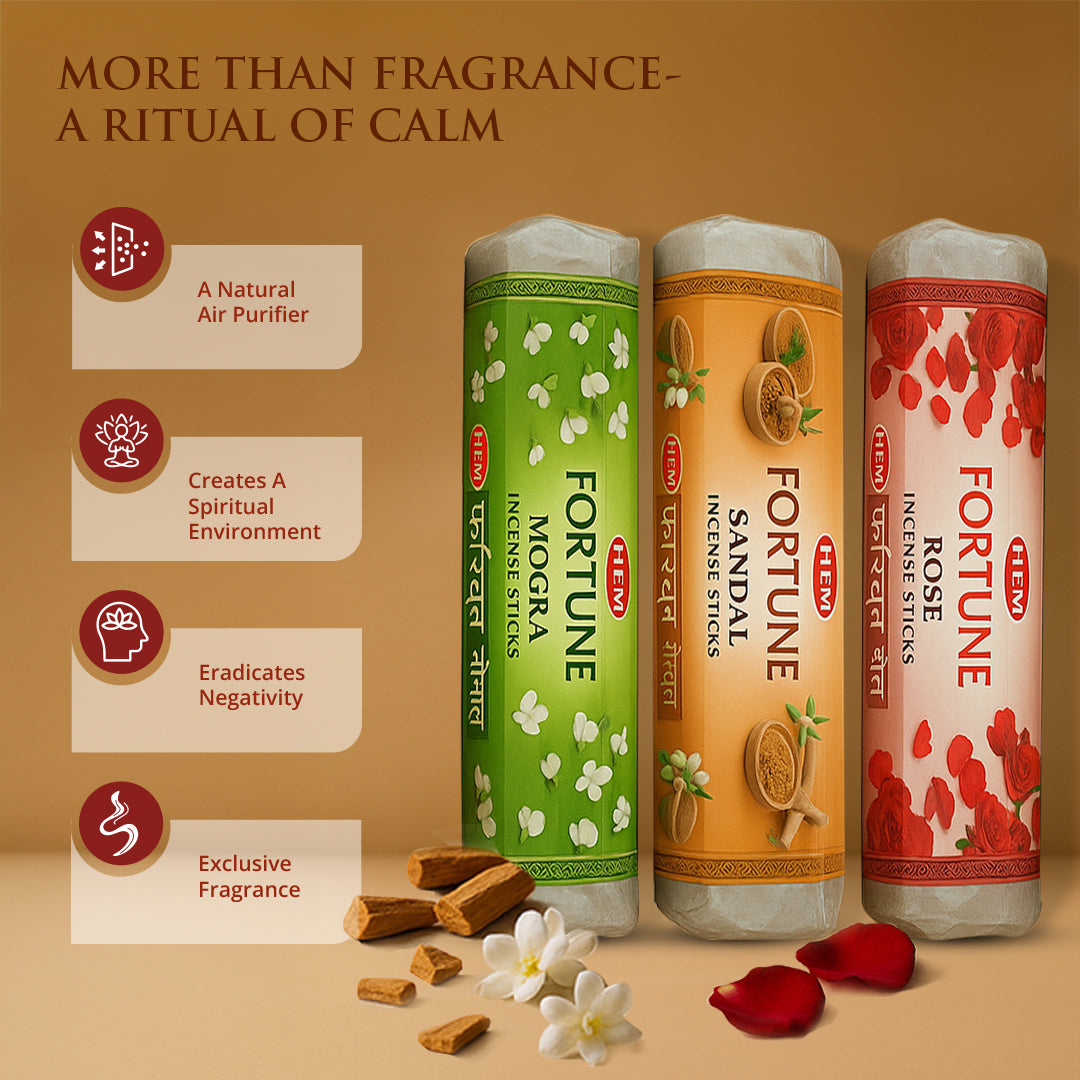 HEM Fortune Sandal + Mogra + Rose Incense Sticks - Pack of 3 (250g Each)