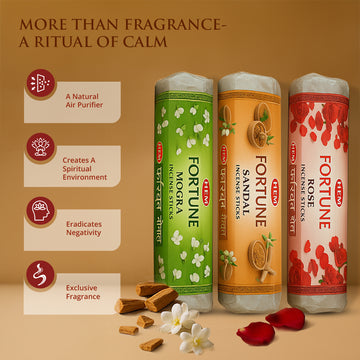 HEM Fortune Sandal + Mogra + Rose Incense Sticks - Pack of 3 (250g Each)