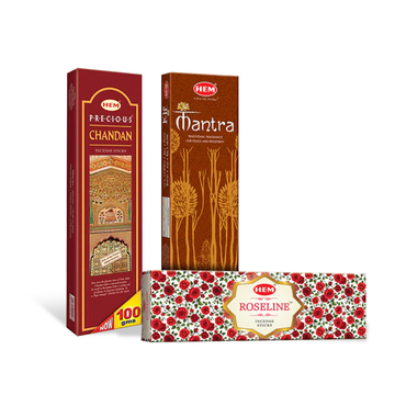 HEM Agarbatti Combo Pack of 3 Fragrance [Roseline 70 g + Chandan 100 g + Mantra Masala 50 g]