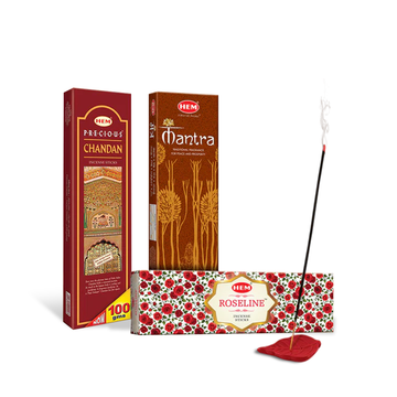 HEM Agarbatti Combo Pack of 3 Fragrance [Roseline 70 g + Chandan 100 g + Mantra Masala 50 g]
