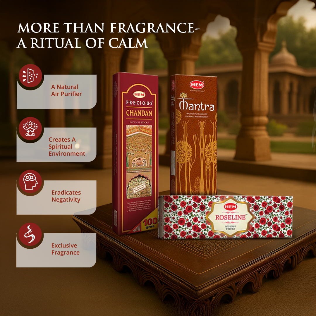 HEM Agarbatti Combo Pack of 3 Fragrance [Roseline 70 g + Chandan 100 g + Mantra Masala 50 g]