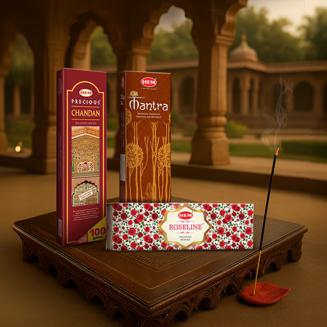 HEM Agarbatti Combo Pack of 3 Fragrance [Roseline 70 g + Chandan 100 g + Mantra Masala 50 g]