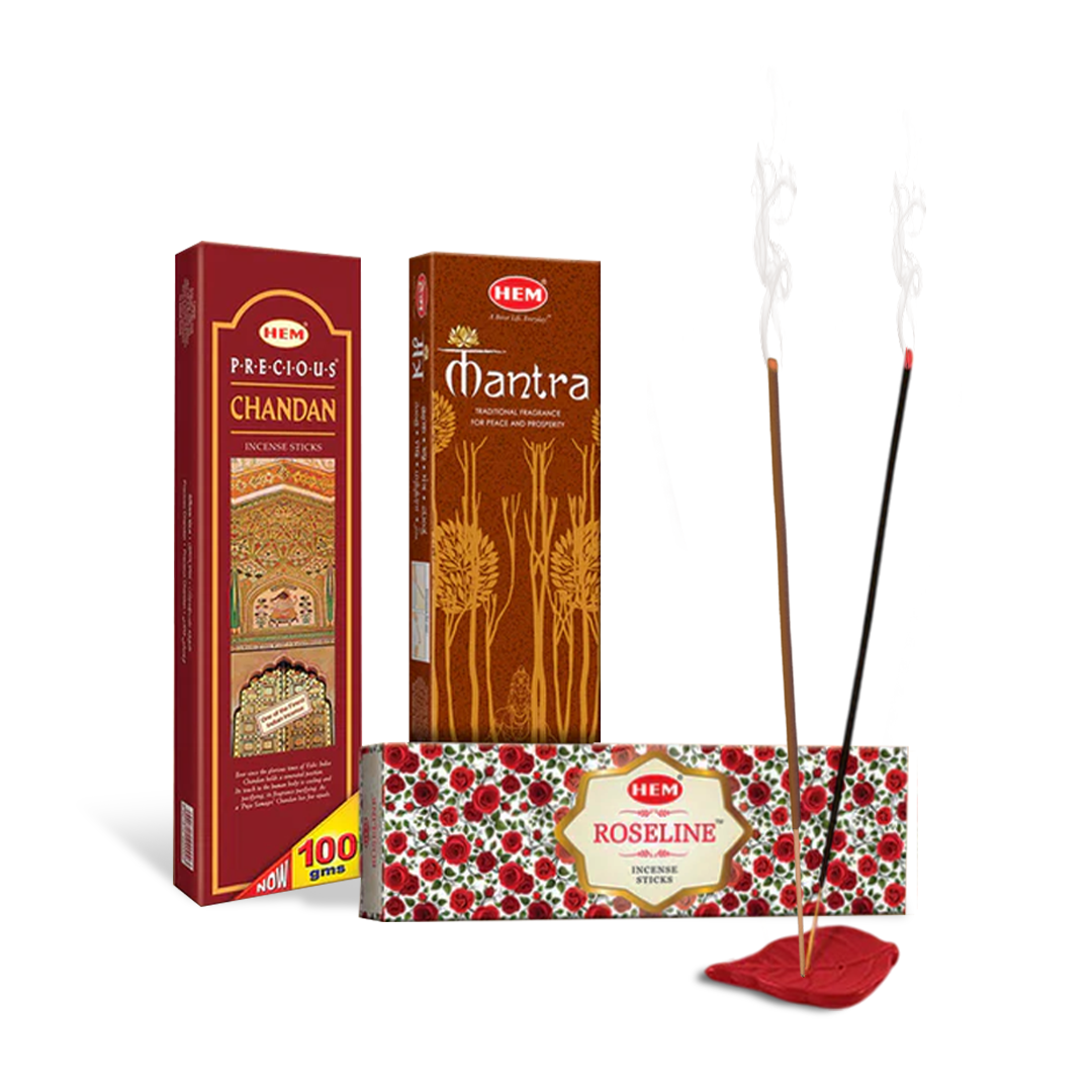 HEM Agarbatti Combo Pack of 3 Fragrance [Roseline 70 g + Chandan 100 g + Mantra Masala 50 g]