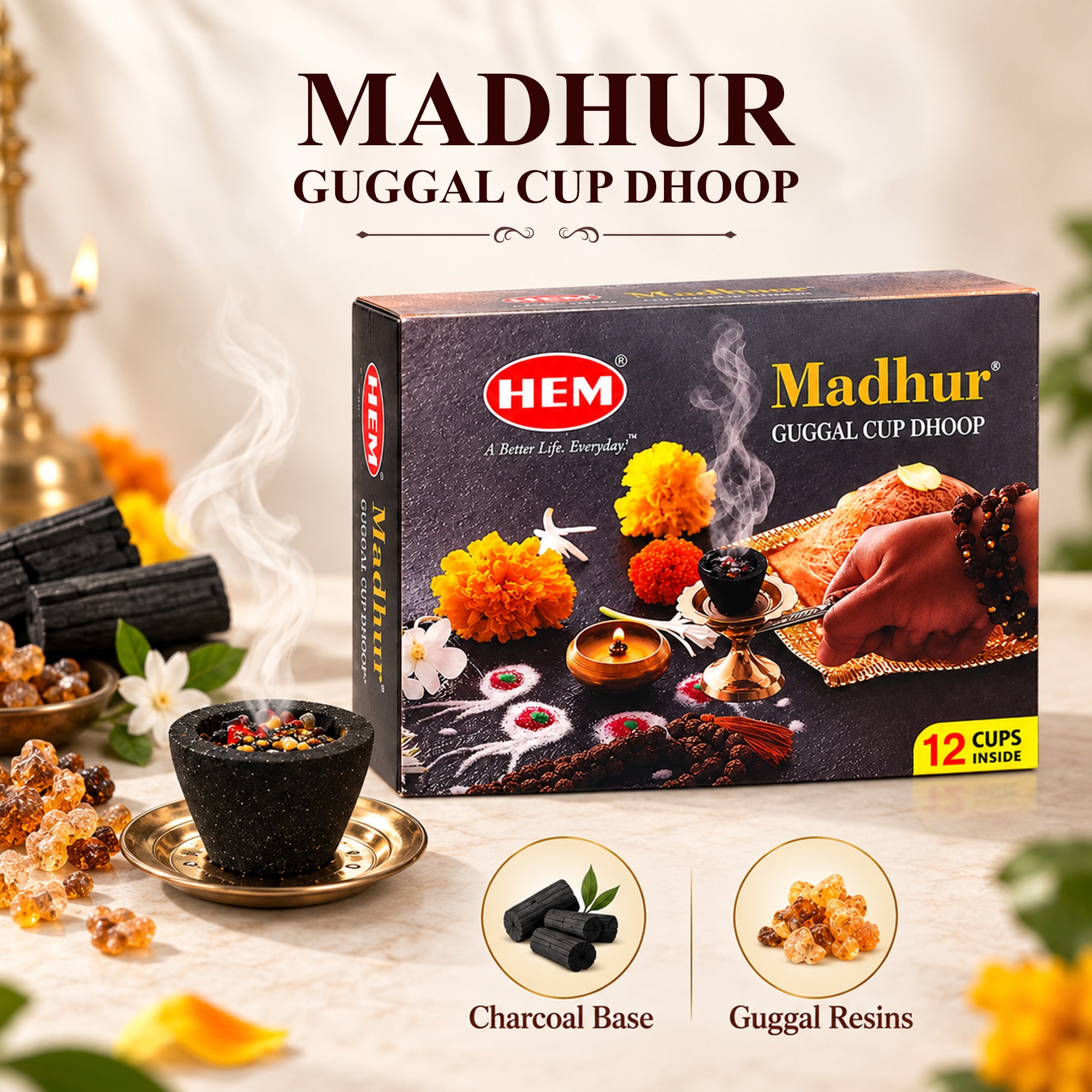 HEM Madhur Guggal cup Dhoop pack of 3 (12 cups per box)