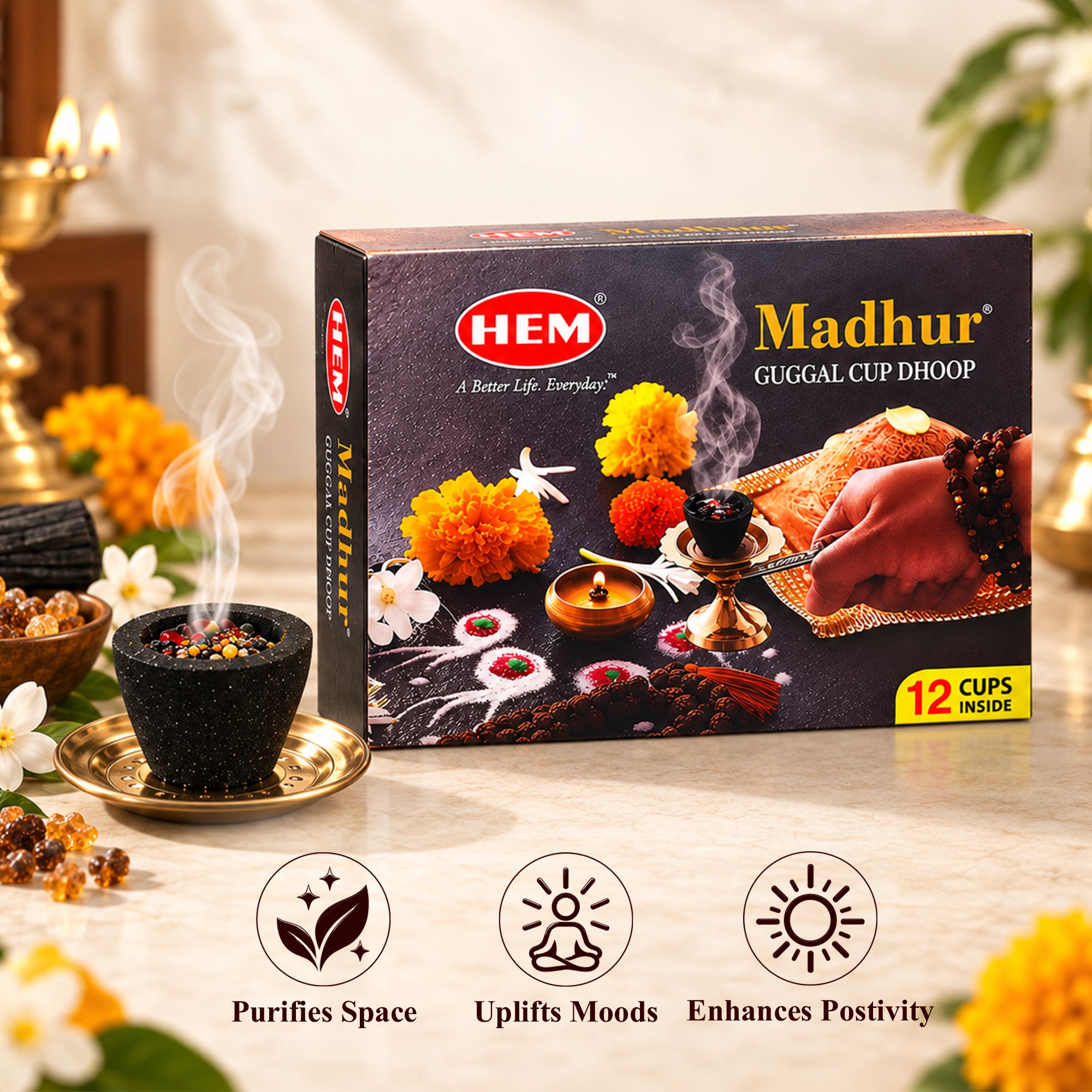 HEM Madhur Guggal cup Dhoop pack of 3 (12 cups per box)